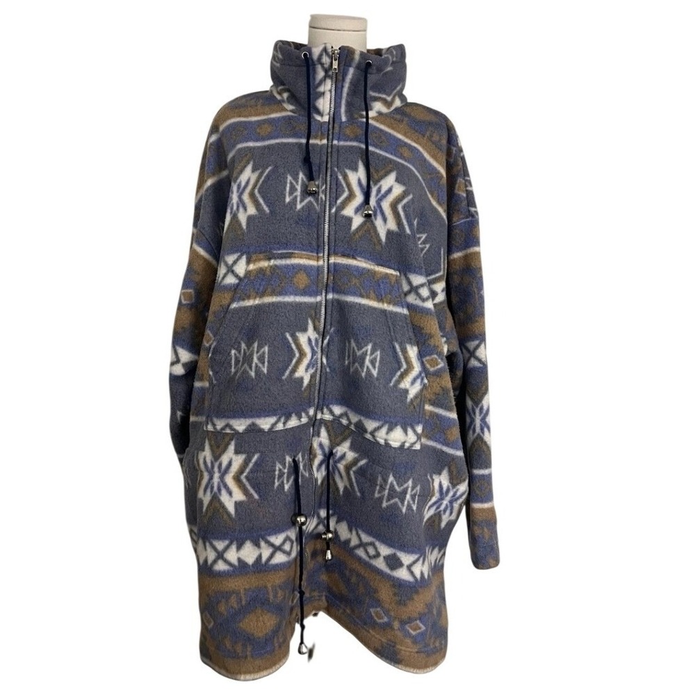 Vintage Southwestern Geometric Fleece Full Zip Jacket Blue Brown 22W Cozy Rustic - Picture 2 of 11